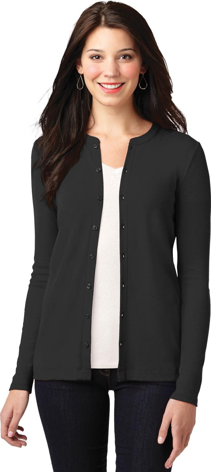 Front View of Black Port Authority Women's Concept Stretch Button-Front Cardigan. LM1008