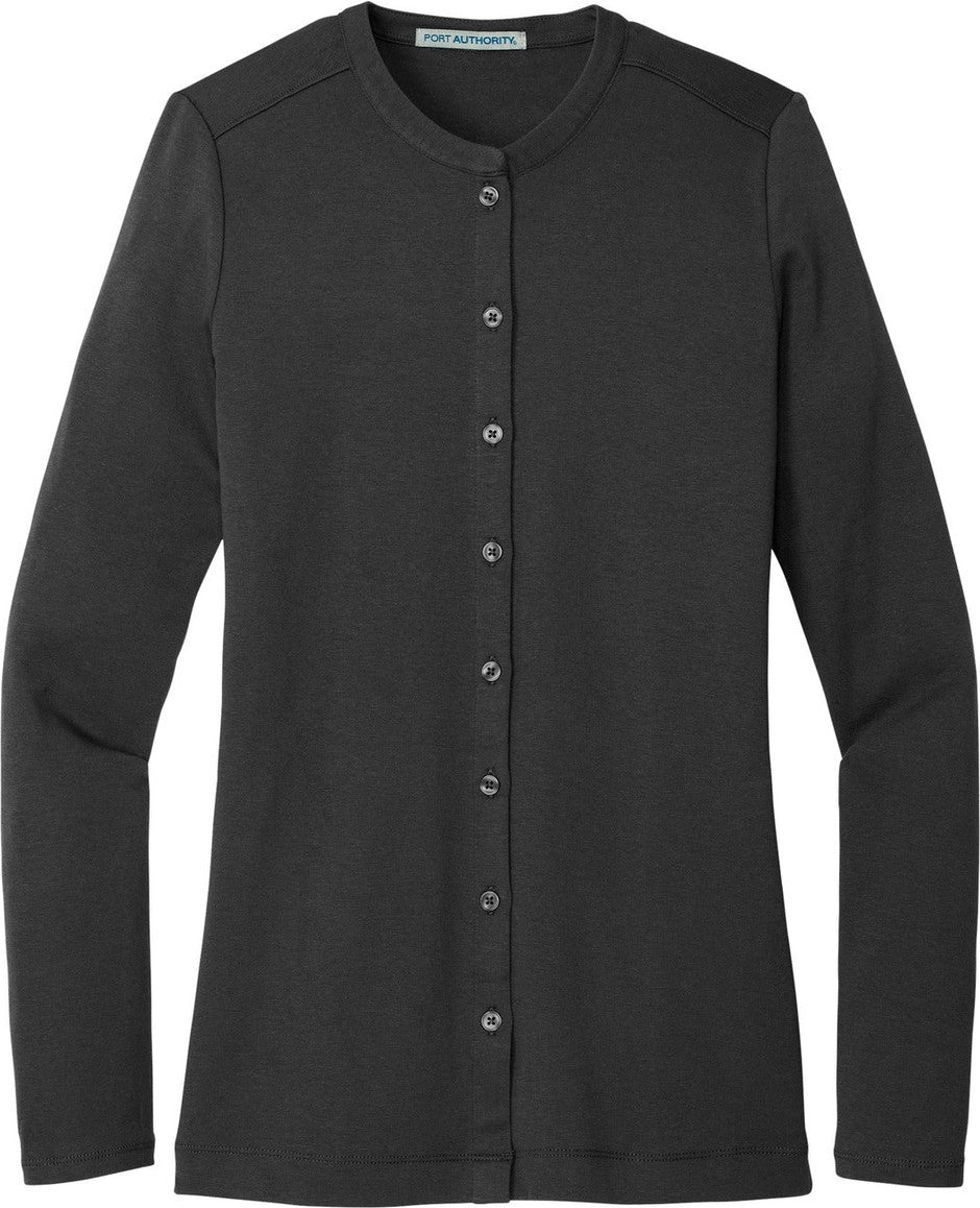 Front View of Black Port Authority Women's Concept Stretch Button-Front Cardigan. LM1008