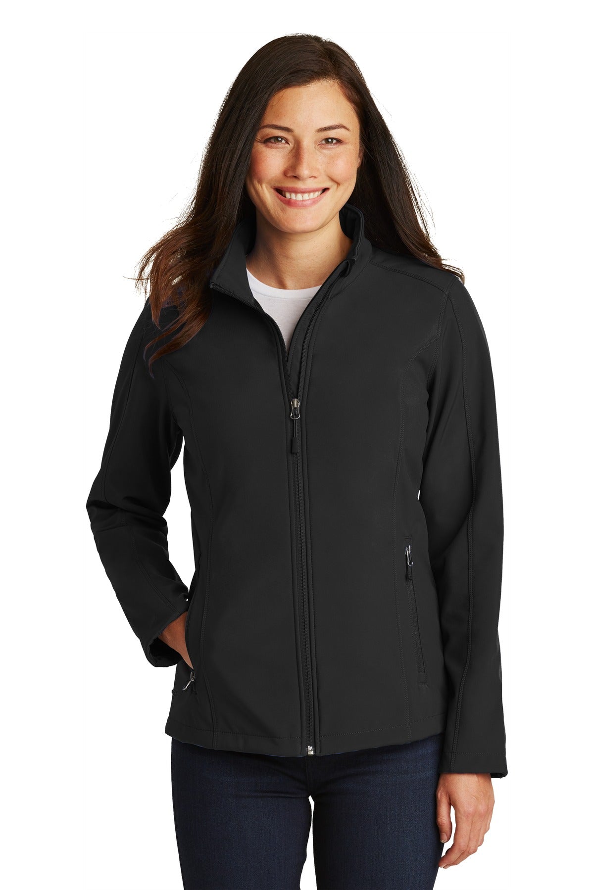 Front View of Black Port Authority Women's Core Soft Shell Jacket. L317