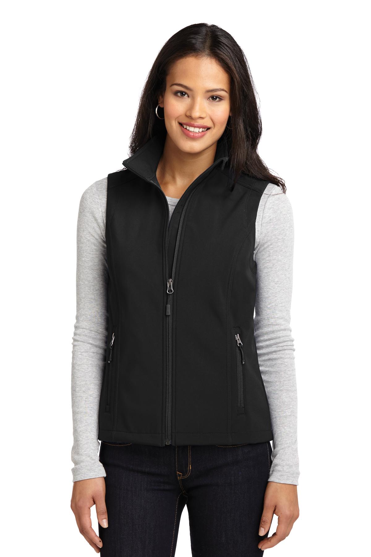Front View of Black Port Authority Women's Core Soft Shell Vest. L325