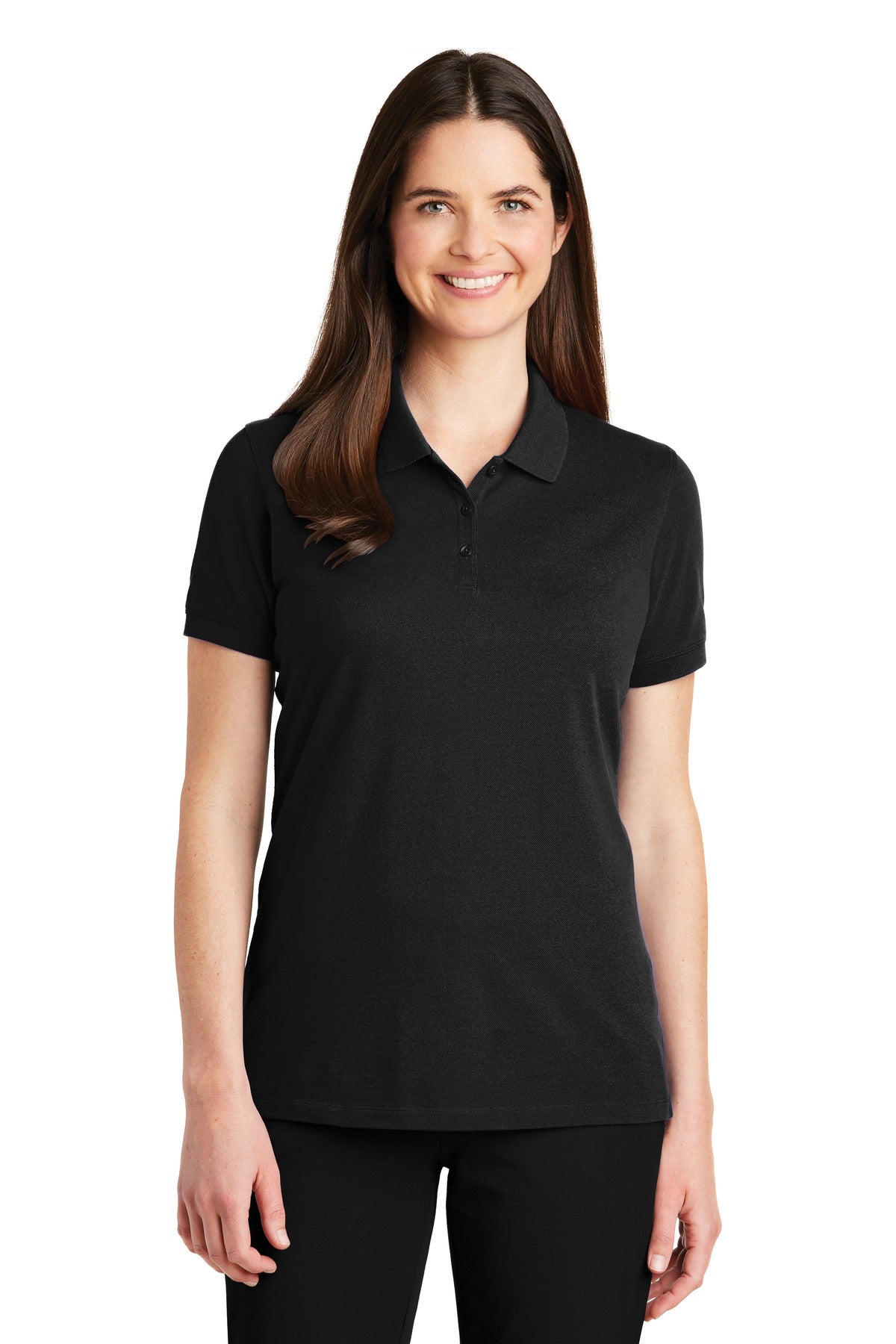 Front View of Black Port Authority Women's EZCotton Polo. LK8000