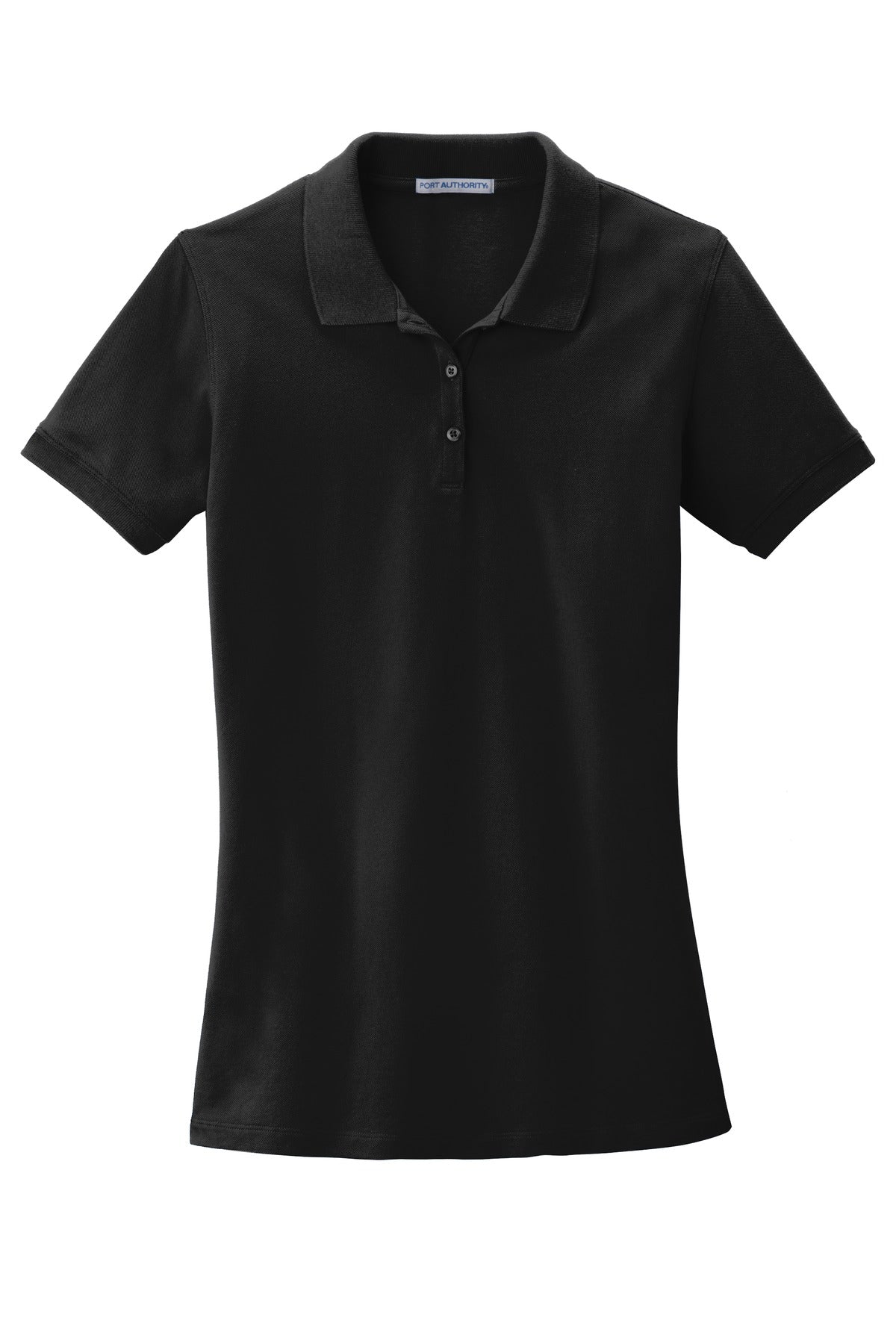Front View of Black Port Authority Women's EZCotton Polo. LK8000