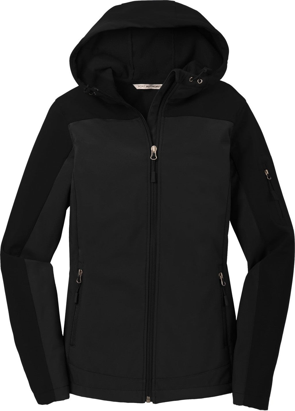 Front View of Black Port Authority Women's Hooded Core Soft Shell Jacket. L335