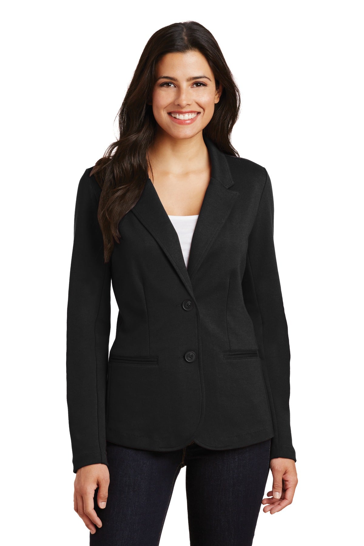 Front View of Black Port Authority Women's Knit Blazer. LM2000