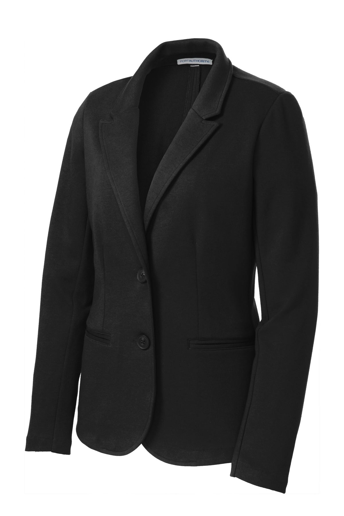 Front View of Black Port Authority Women's Knit Blazer. LM2000