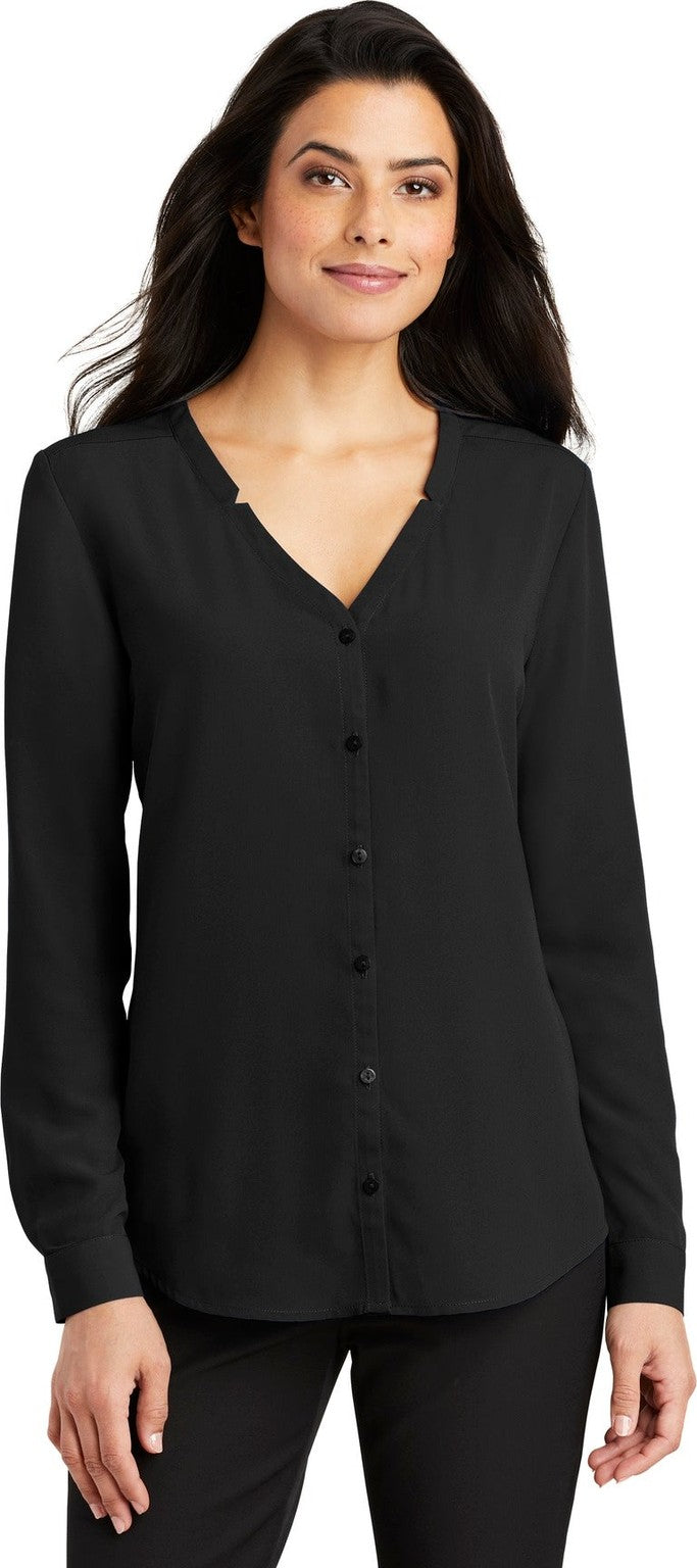 Front View of Black Port Authority Women's Long Sleeve Button-Front Blouse. LW700