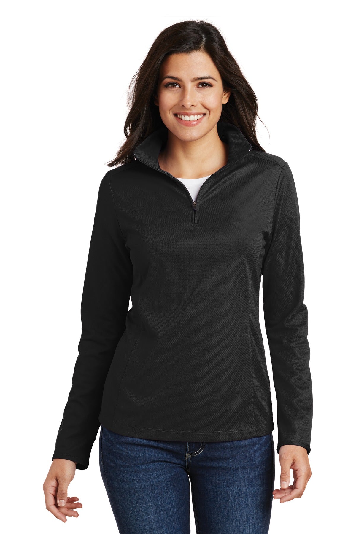 Front View of Black Port Authority Women's Pinpoint Mesh 1/2-Zip . L806