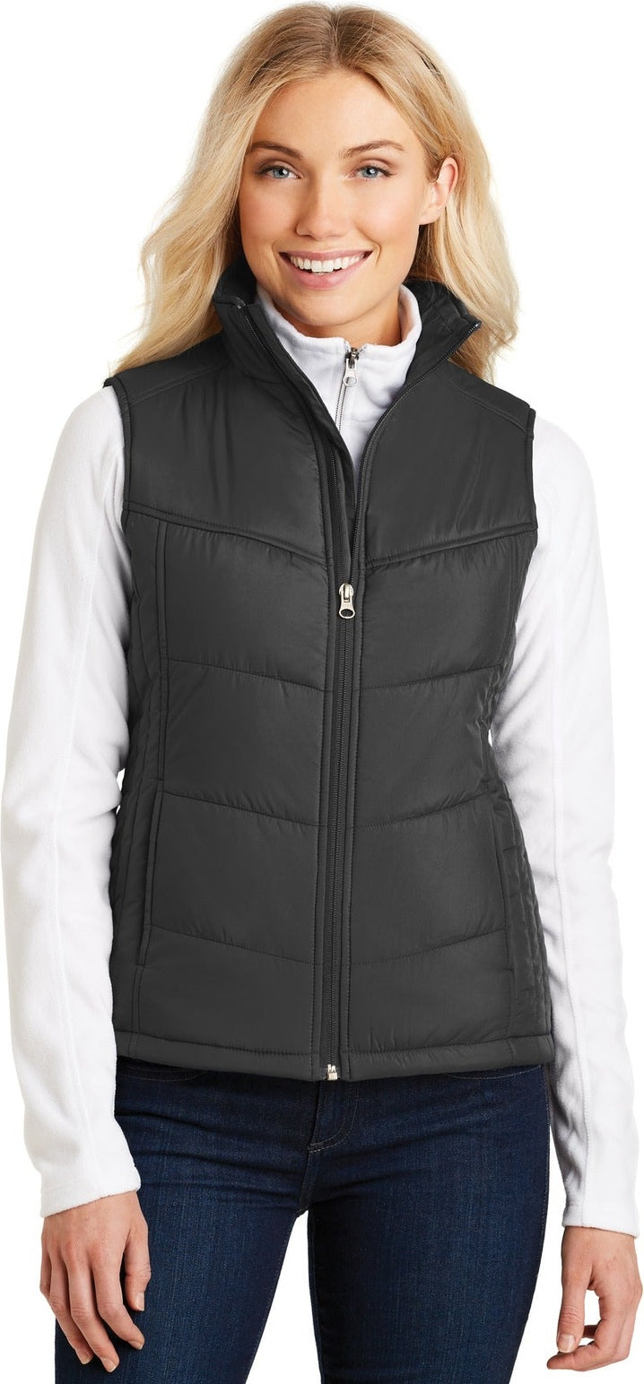 Front View of Black Port Authority Women's Puffy Vest. L709