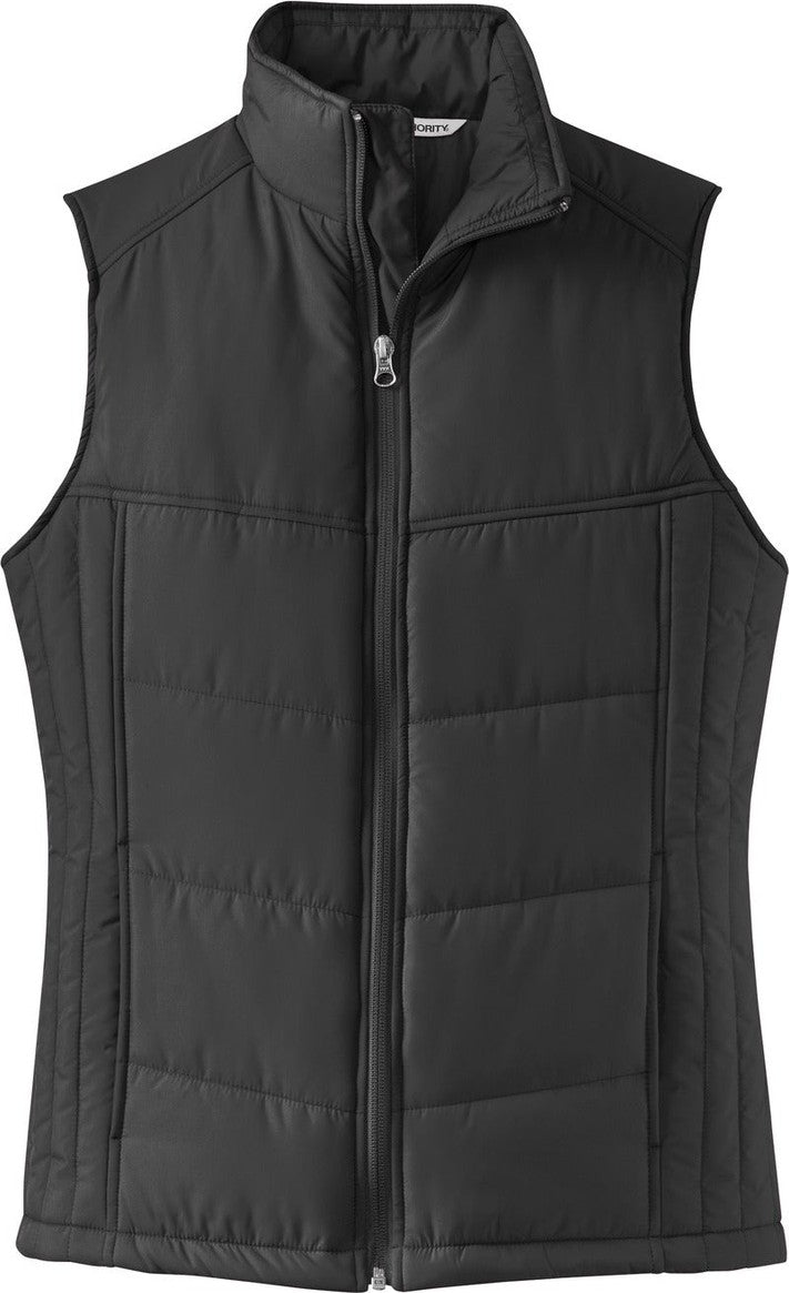 Front View of Black Port Authority Women's Puffy Vest. L709