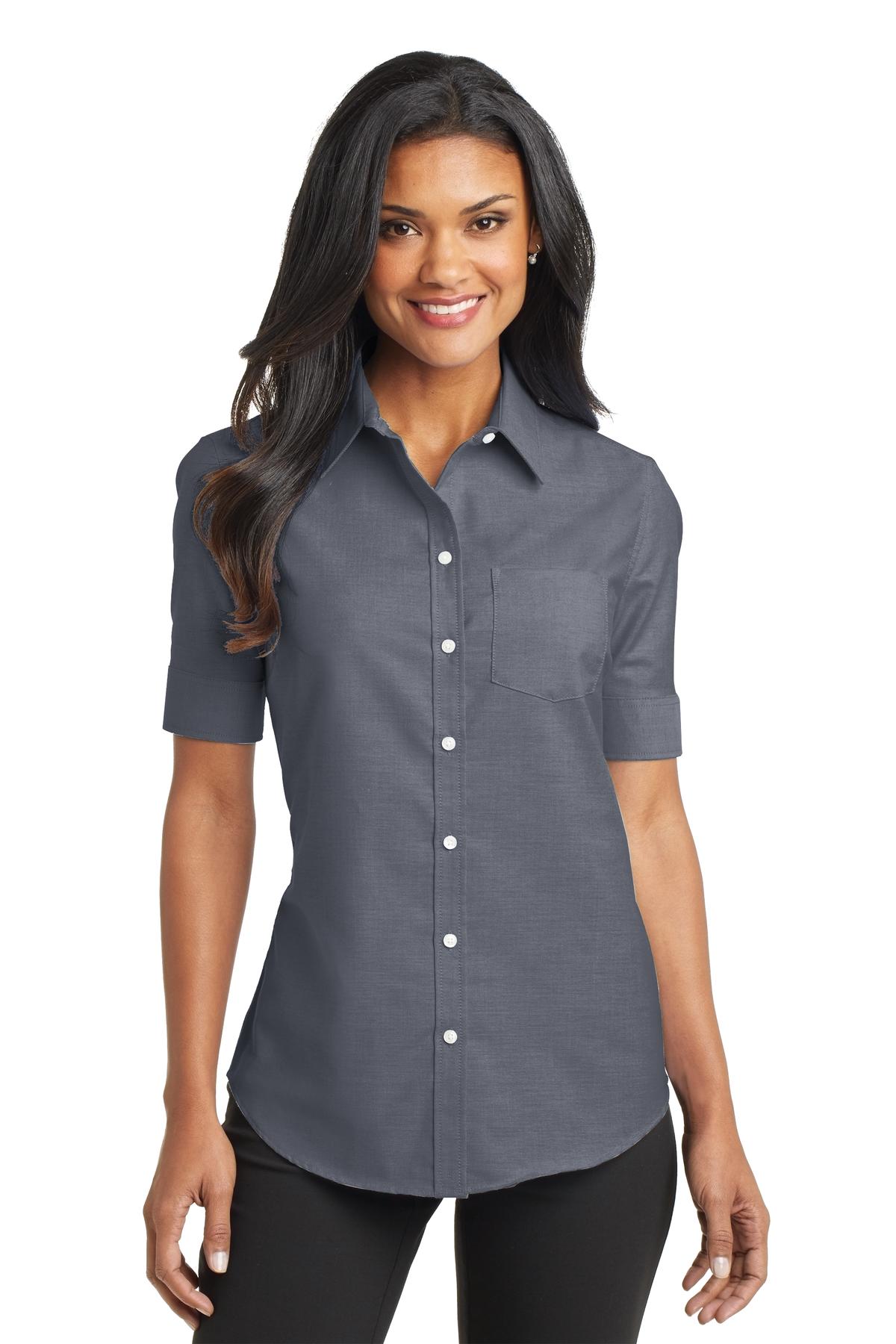 Front View of Black Port Authority Women's Short Sleeve SuperPro Oxford Shirt. L659