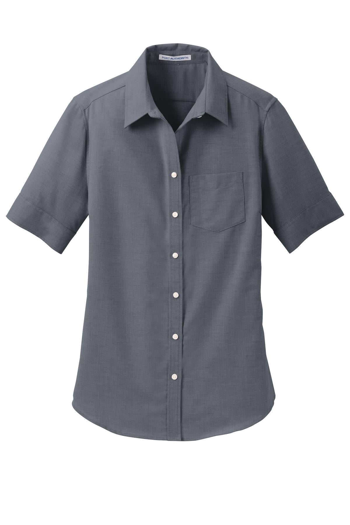 Front View of Black Port Authority Women's Short Sleeve SuperPro Oxford Shirt. L659