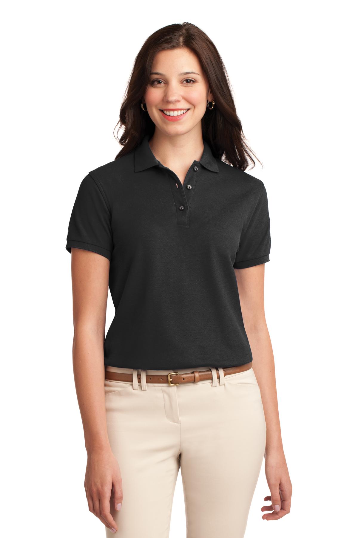 Front View of Black Port Authority Women's Silk Touch Polo. L500