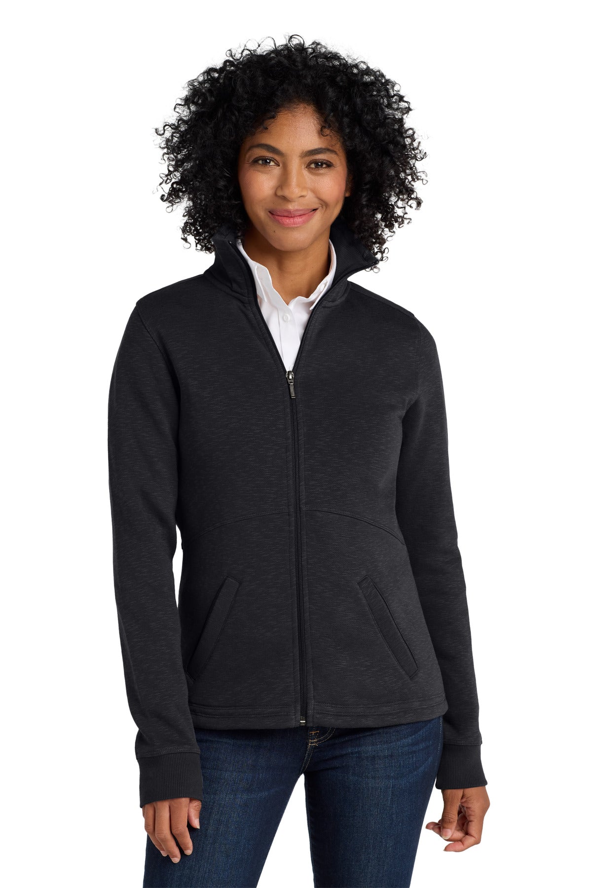 Front View of Black Port Authority Women's Slub Fleece Full-Zip Jacket. L293