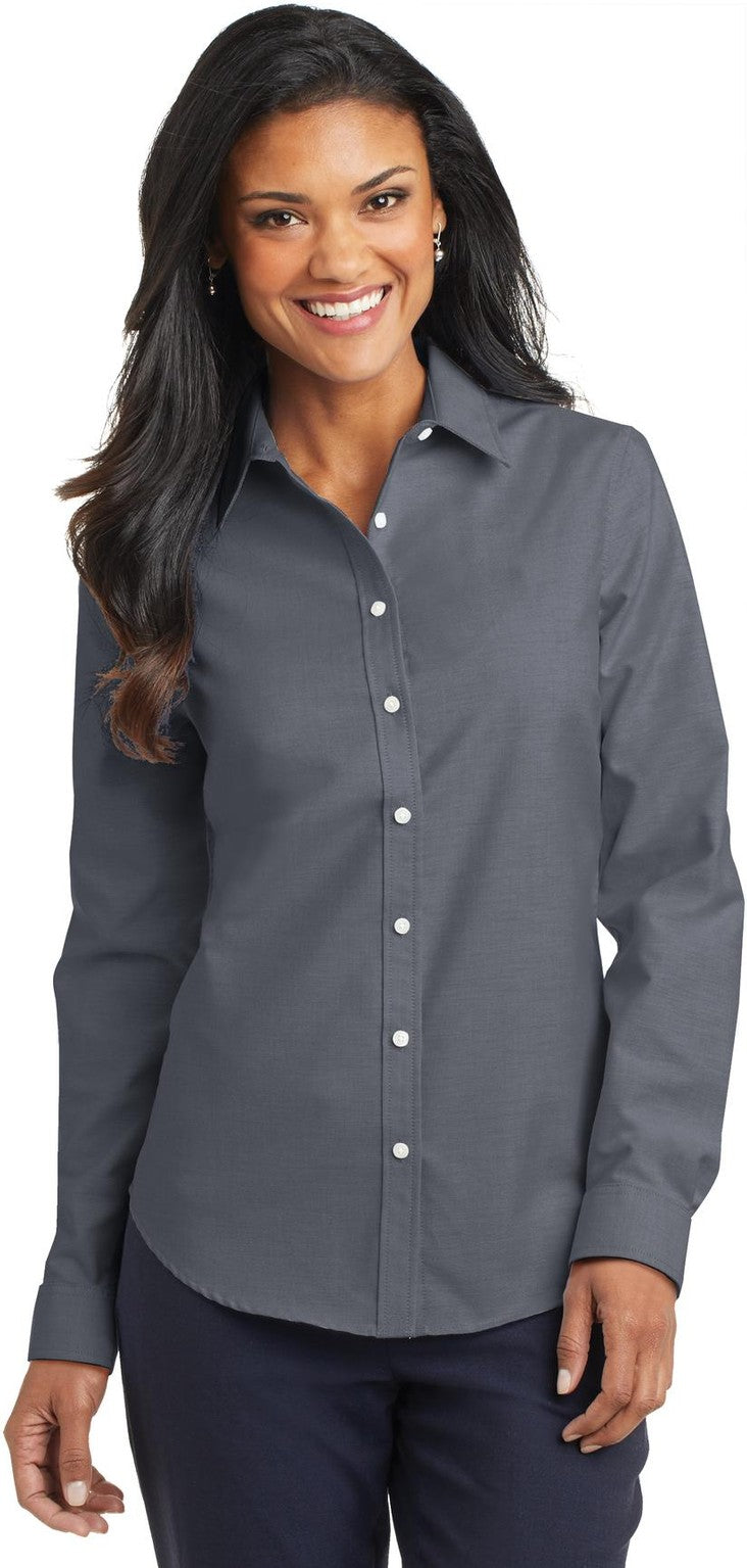 Front View of Black Port Authority Women's SuperPro Oxford Shirt. L658