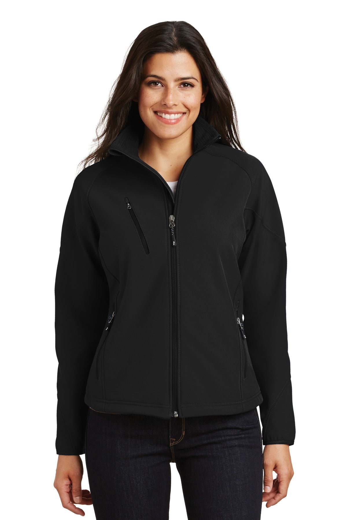 Front View of Black Port Authority Women's Textured Soft Shell Jacket. L705