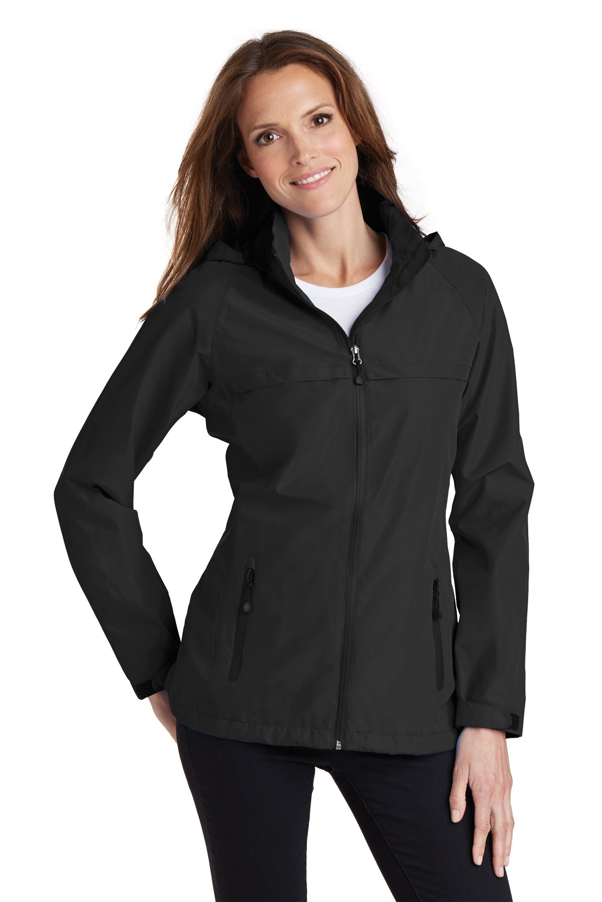 Front View of Black Port Authority Women's Torrent Waterproof Jacket. L333