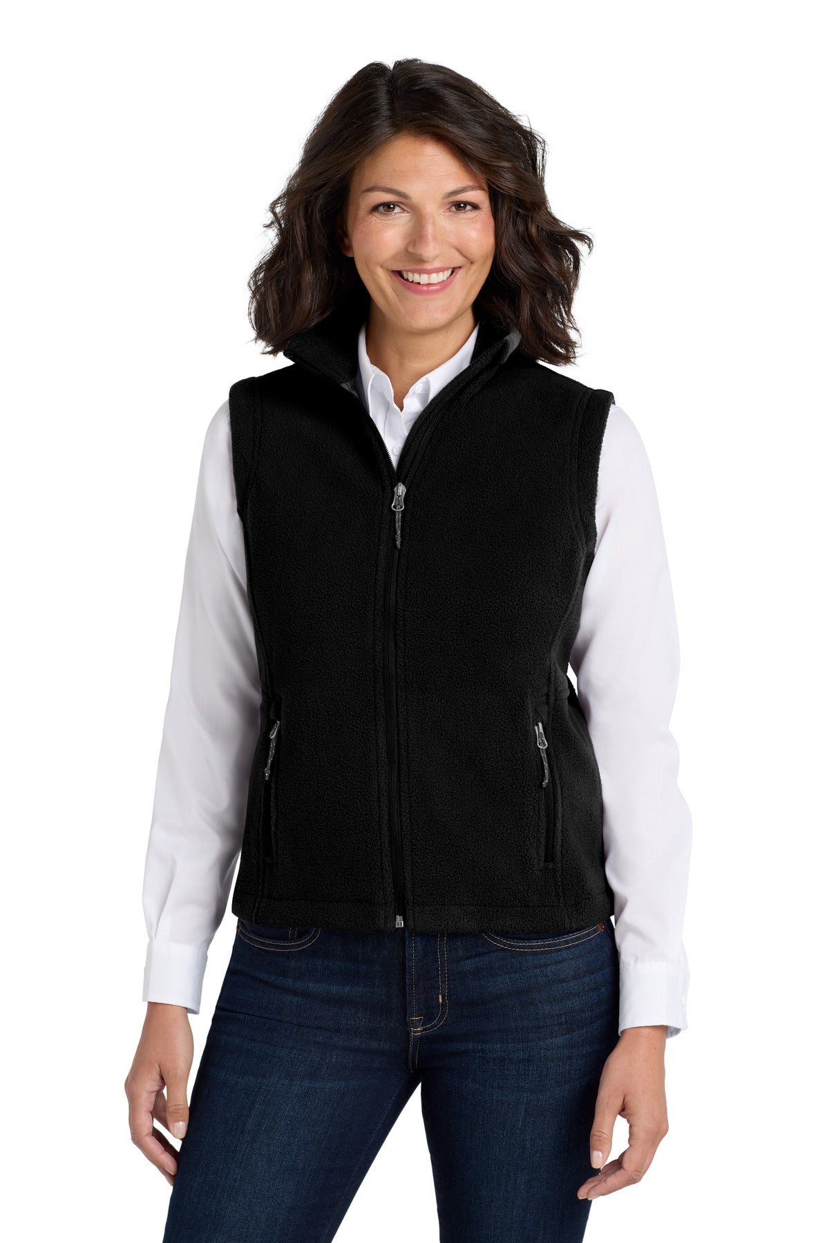 Front View of Black Port Authority Women's Value Fleece Vest. L219