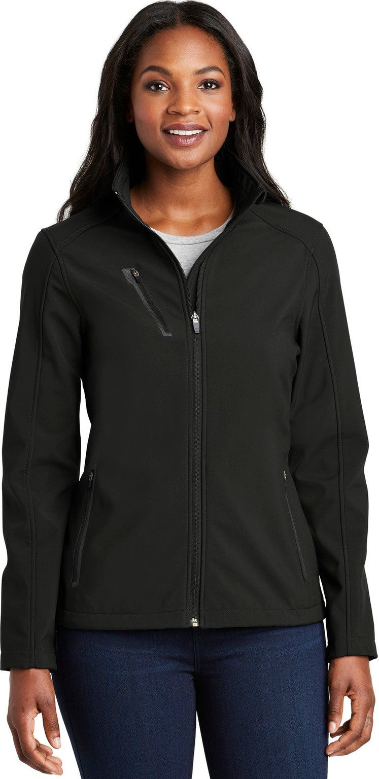 Front View of Black Port Authority Women's Welded Soft Shell Jacket. L324