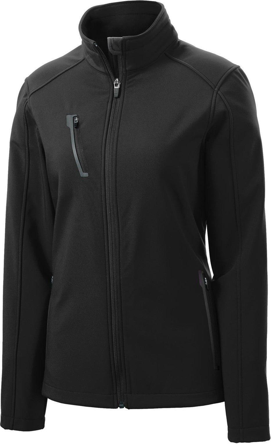 Front View of Black Port Authority Women's Welded Soft Shell Jacket. L324