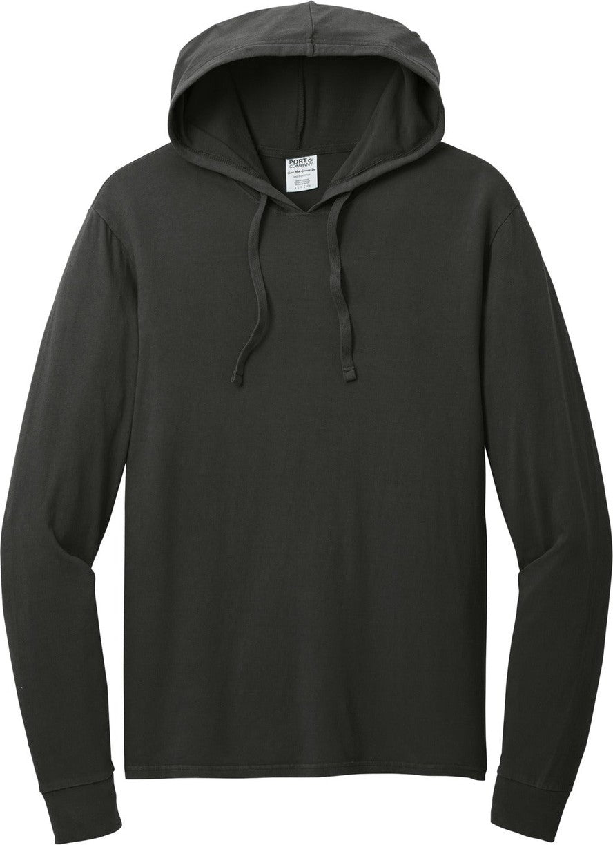 Front View of Black Port & Co Beach Wash Garment-Dyed Pullover Hooded Tee PC099H