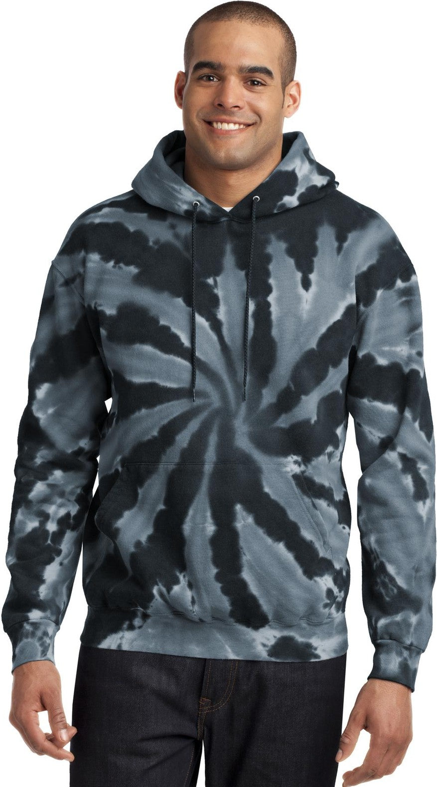 Front View of Black Port & Co Tie-Dye Pullover Hooded Sweatshirt. PC146