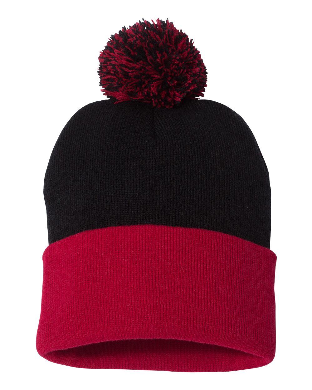Front View of Black/ Red 12" Pom-Pom Cuffed Beanie - SP15