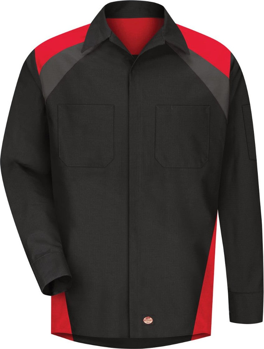 Front View of Black/ Red/ Charcoal Long Sleeve Tri-Color Shop Shirt - Tall Sizes - SY18T