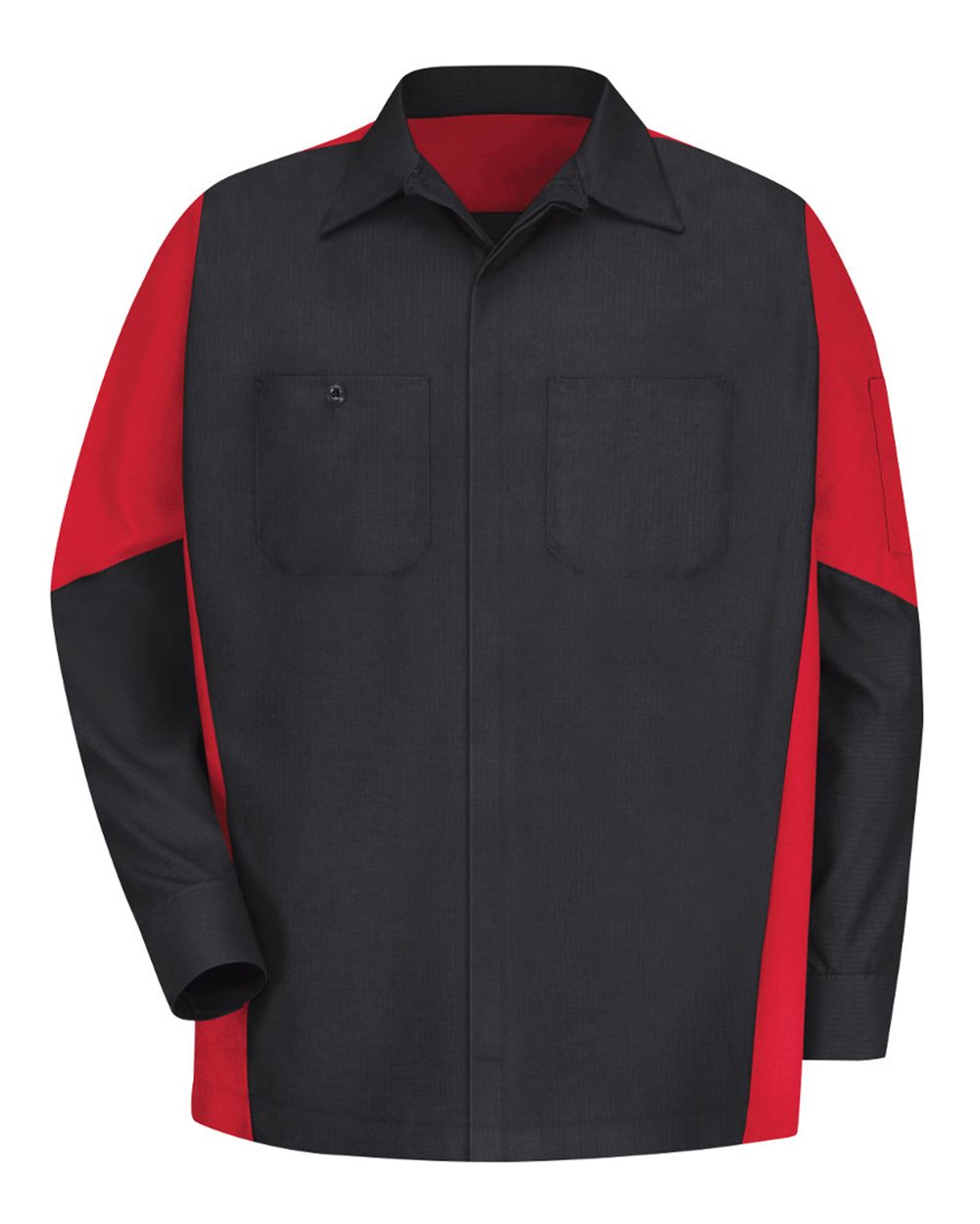 Front View of Black/ Red Long Sleeve Automotive Crew Shirt - SY10