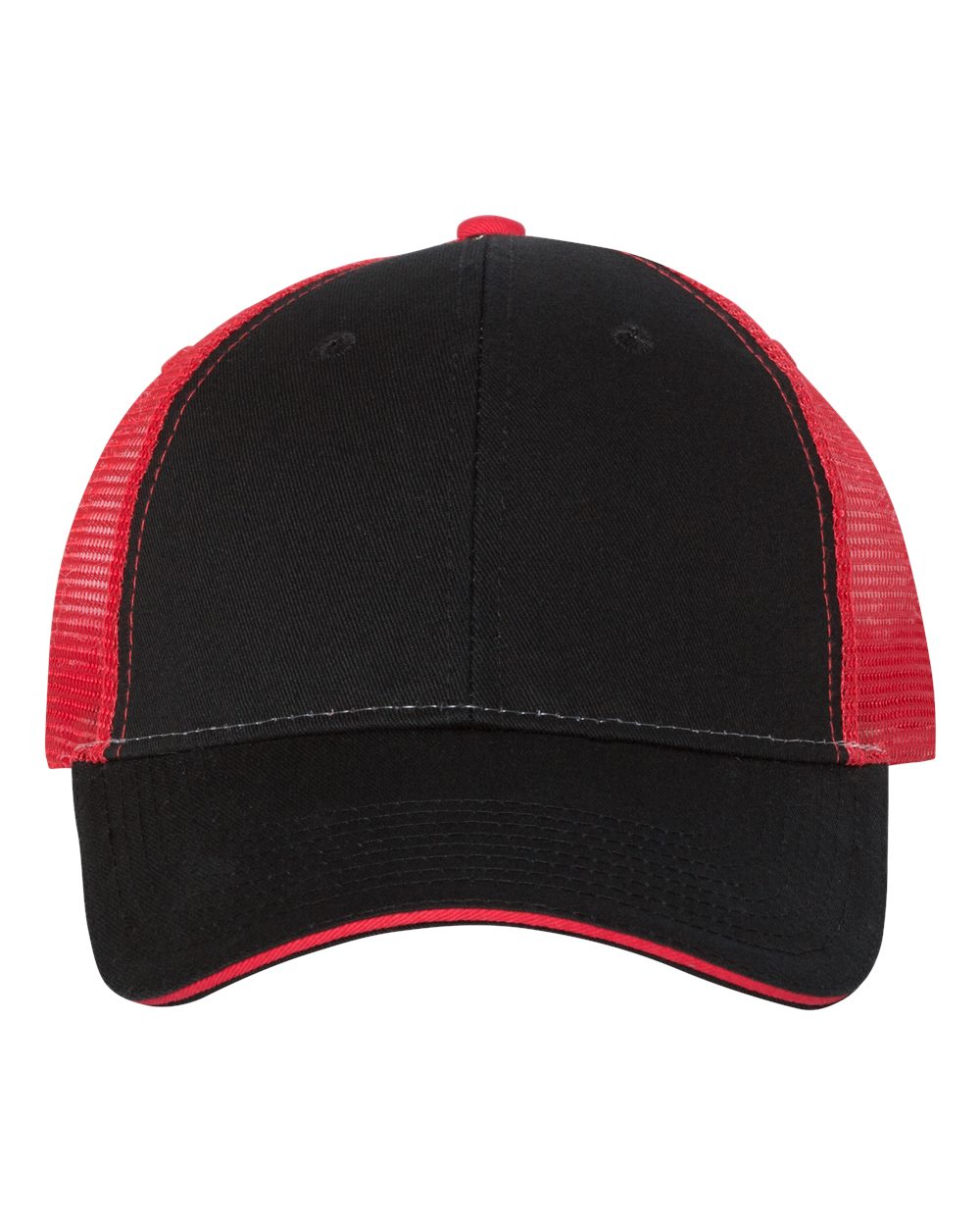 Front View of Black/ Red Sandwich Trucker Cap - S102
