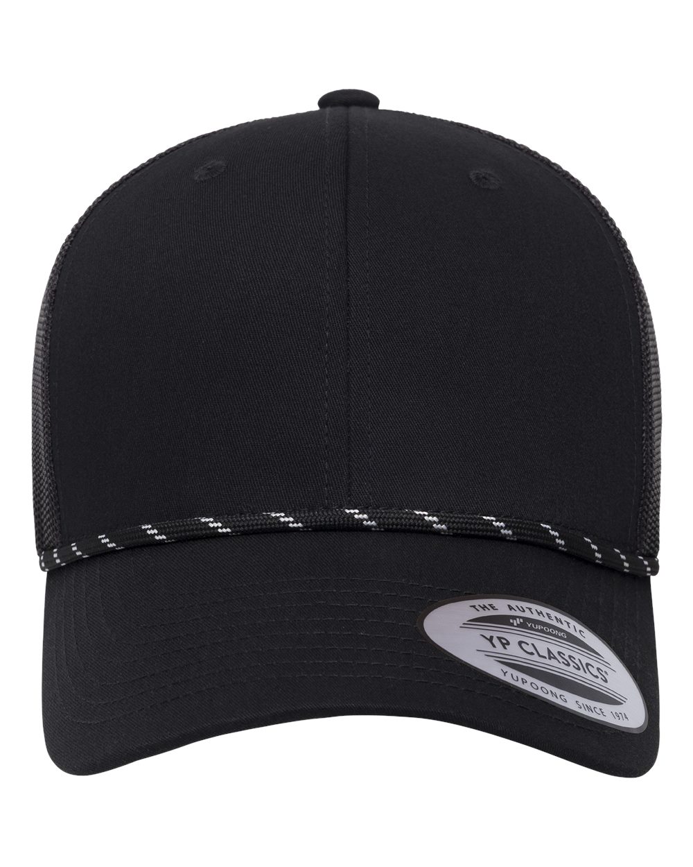 Front View of Black Retro Trucker Rope Cap - 6606BD plain