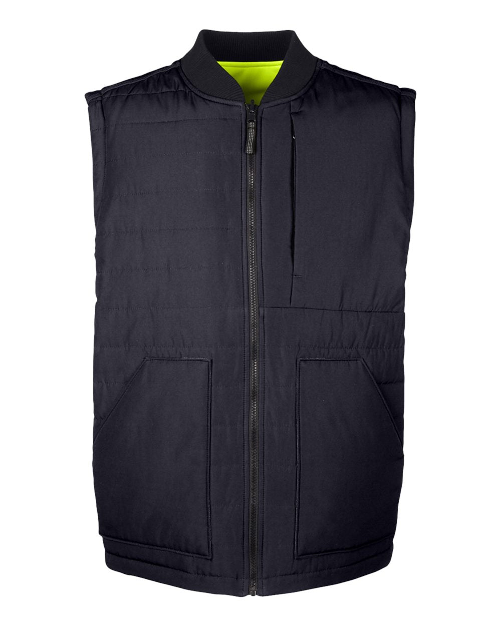 Front View of Black/ Safety Yellow Unisex Dockside Interactive Reversible Freezer Vest - M776