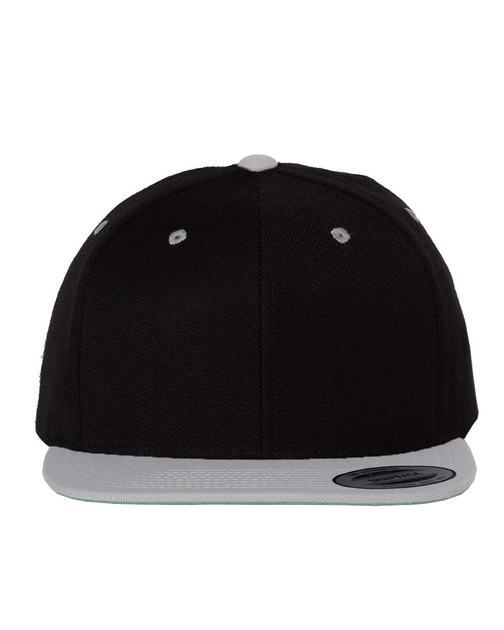 Front View of Black/ Silver Premium Flat Bill Snapback Cap - 6089M