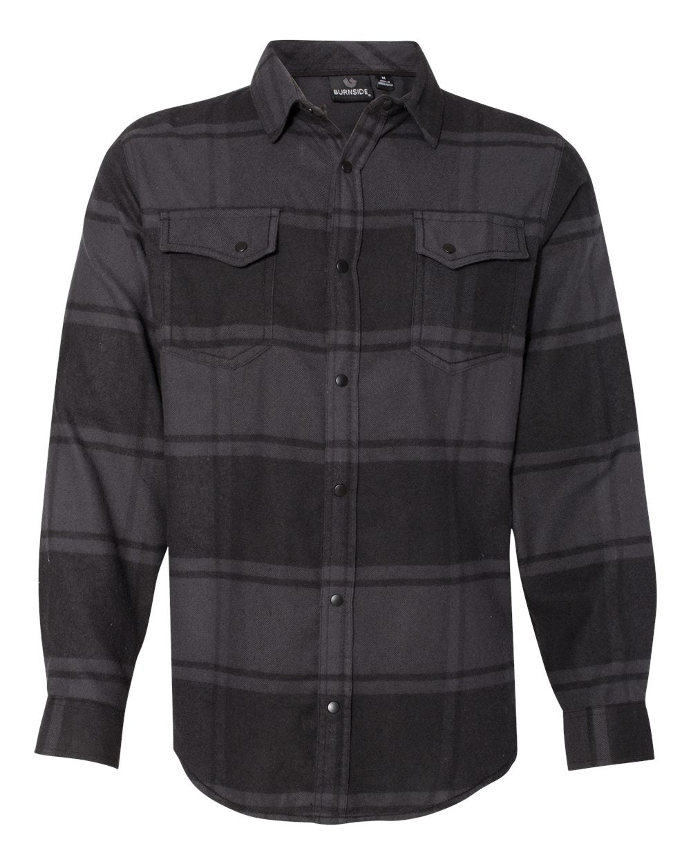 Front View of Black Snap Front Plaid Flannel Shirt - 8219