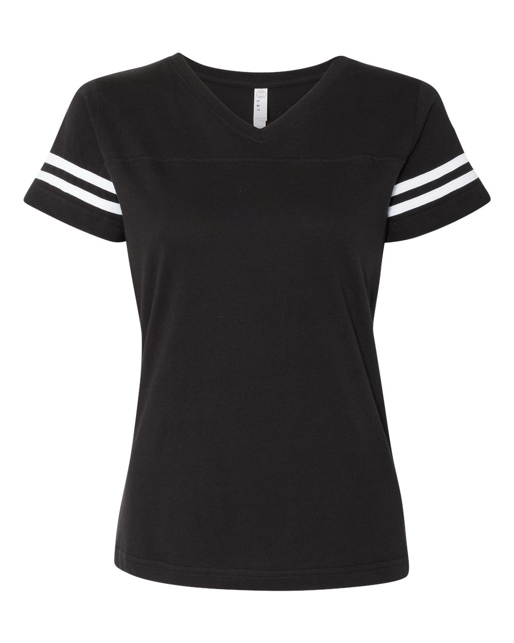Front View of Black Solid/ White Women's Football V-Neck Fine Jersey Tee - 3537
