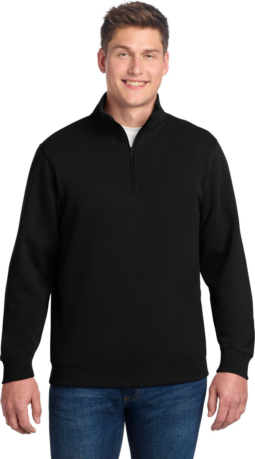 Front View of Black Sport-Tek 1/4-Zip Sweatshirt. ST253