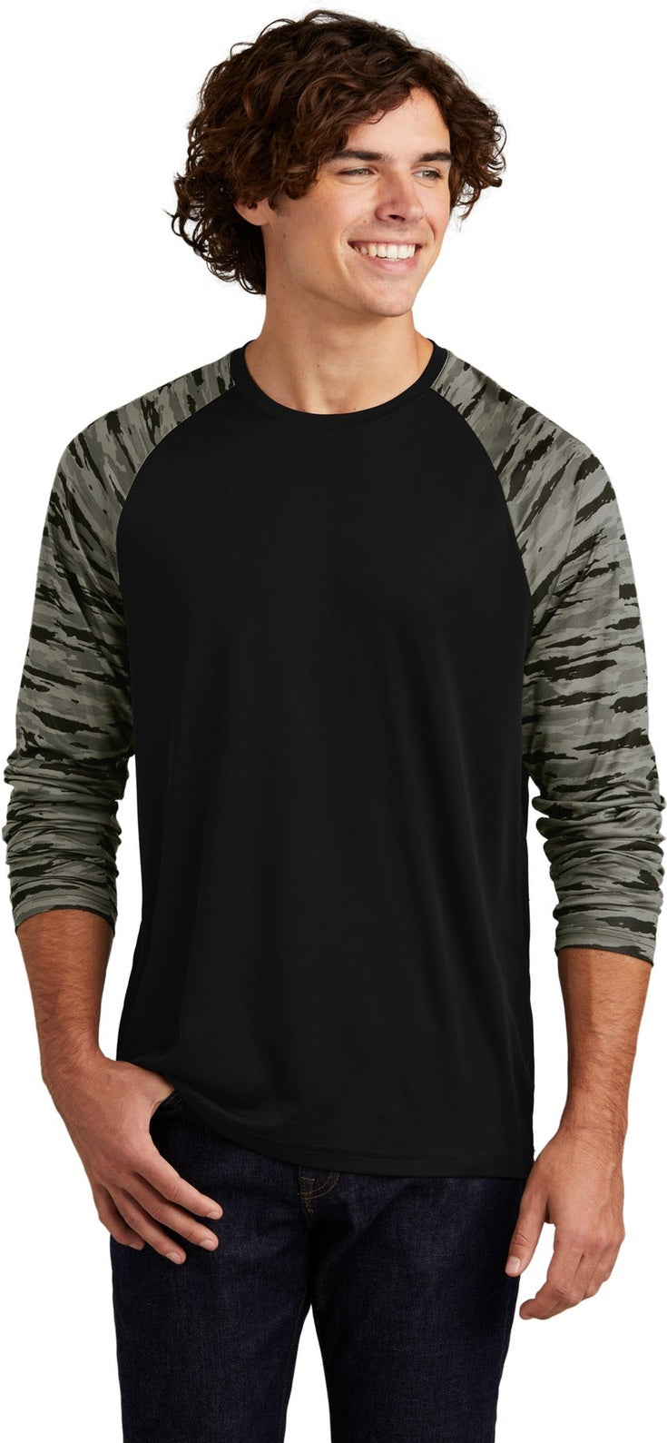 Front View of Black Sport-Tek Drift Camo Colorblock Long Sleeve Tee ST376LS