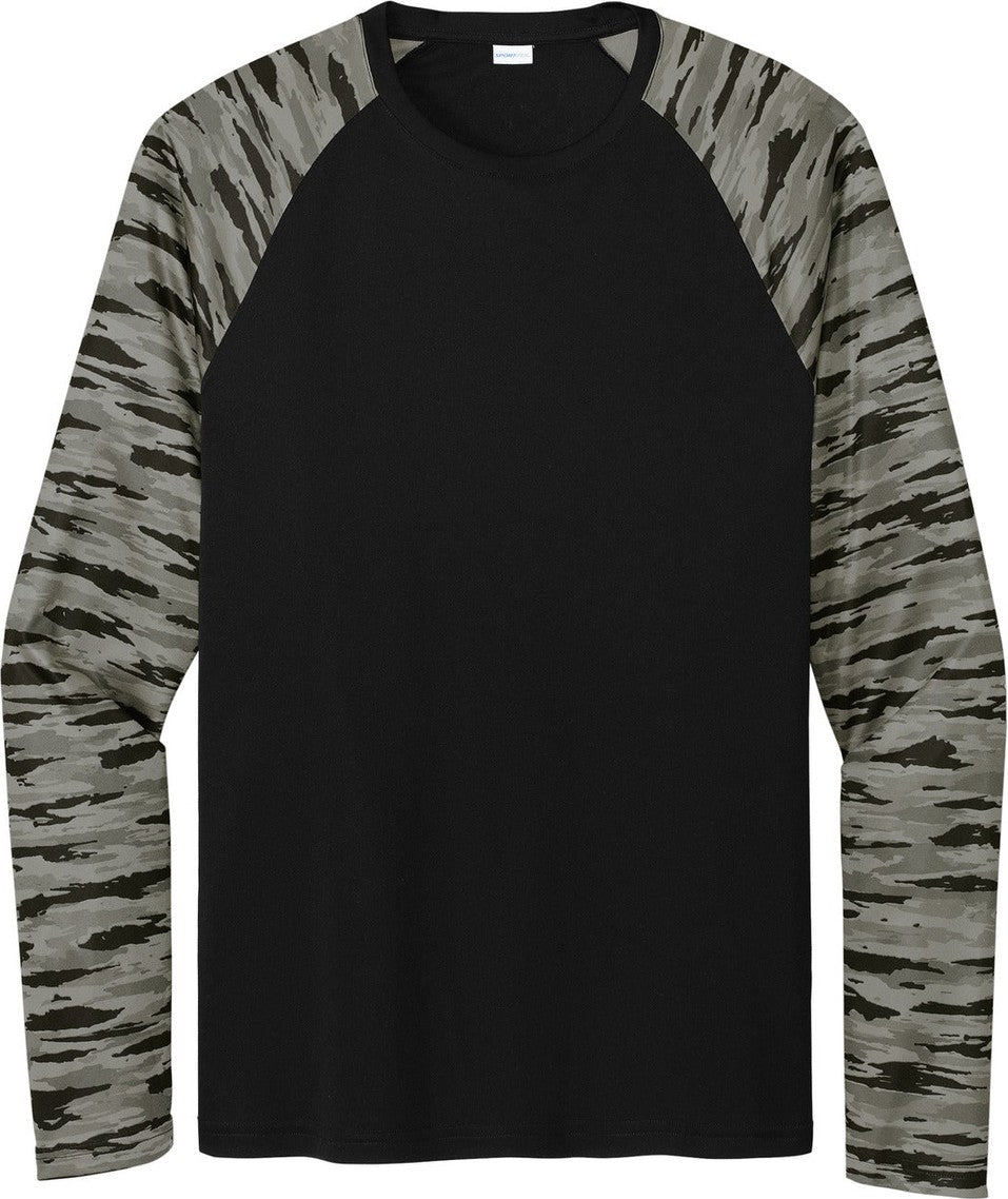 Front View of Black Sport-Tek Drift Camo Colorblock Long Sleeve Tee ST376LS