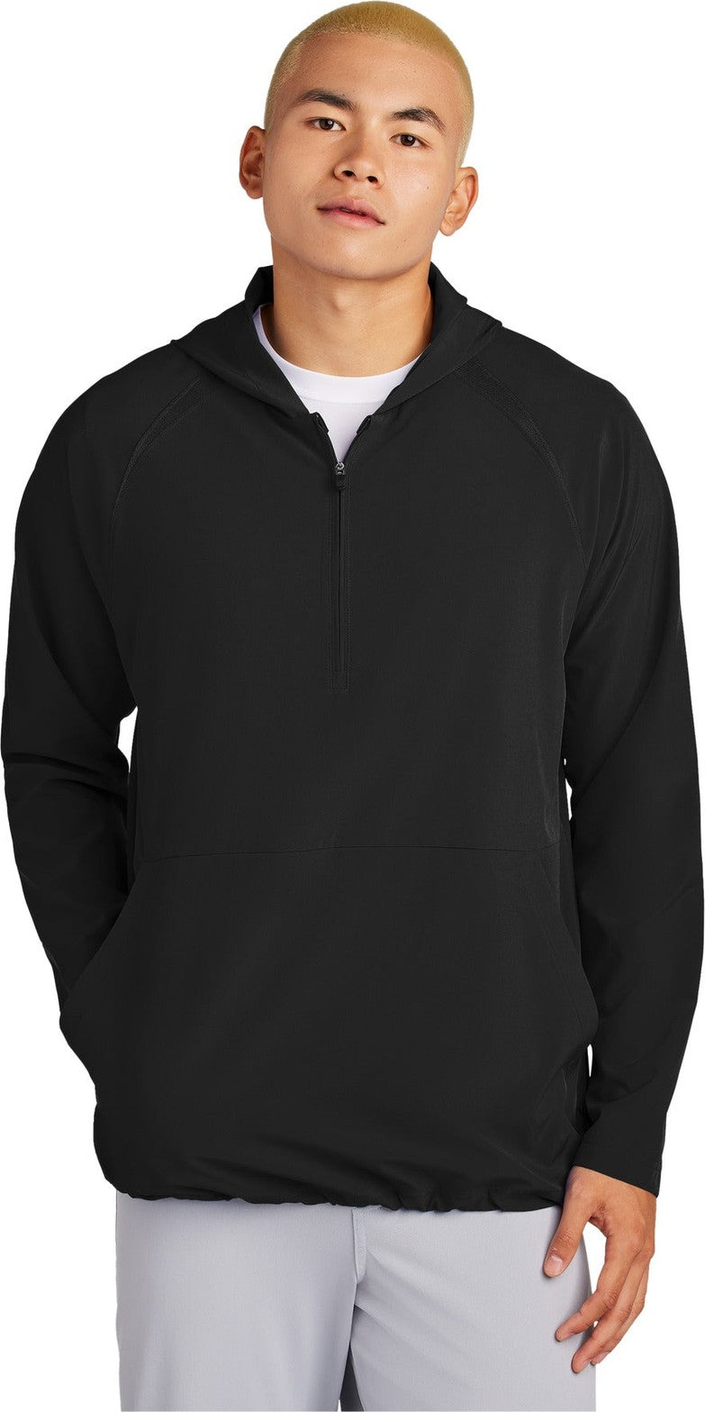 Front View of Black Sport-Tek Repeat 1/2-Zip Long Sleeve Hooded Jacket JST488