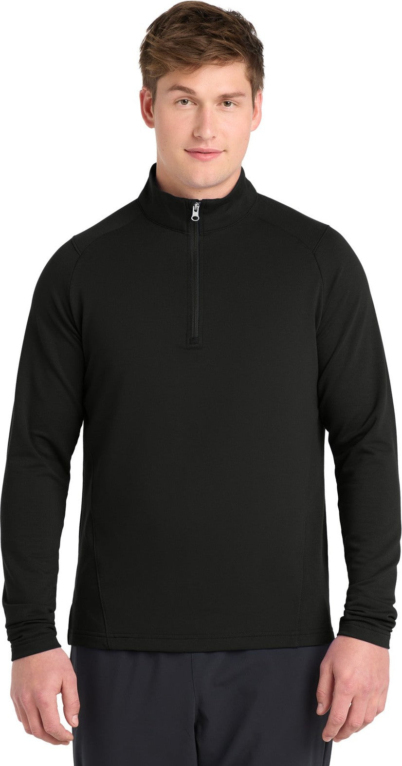 Front View of Black Sport-Tek Sport-Wick Flex Fleece 1/4-Zip. ST561