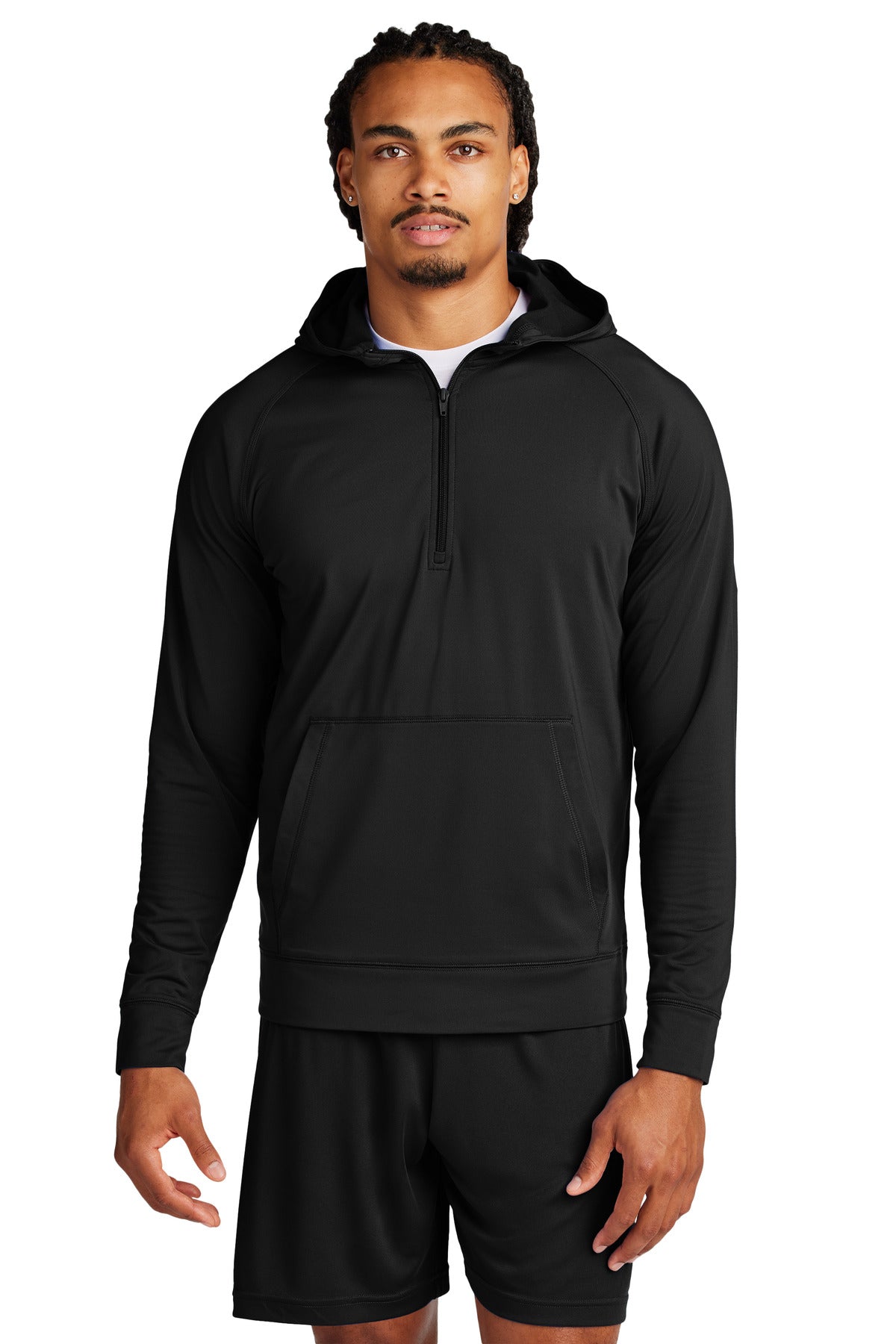 Front View of Black Sport-Tek Sport-Wick Stretch 1/2-Zip Hoodie ST856