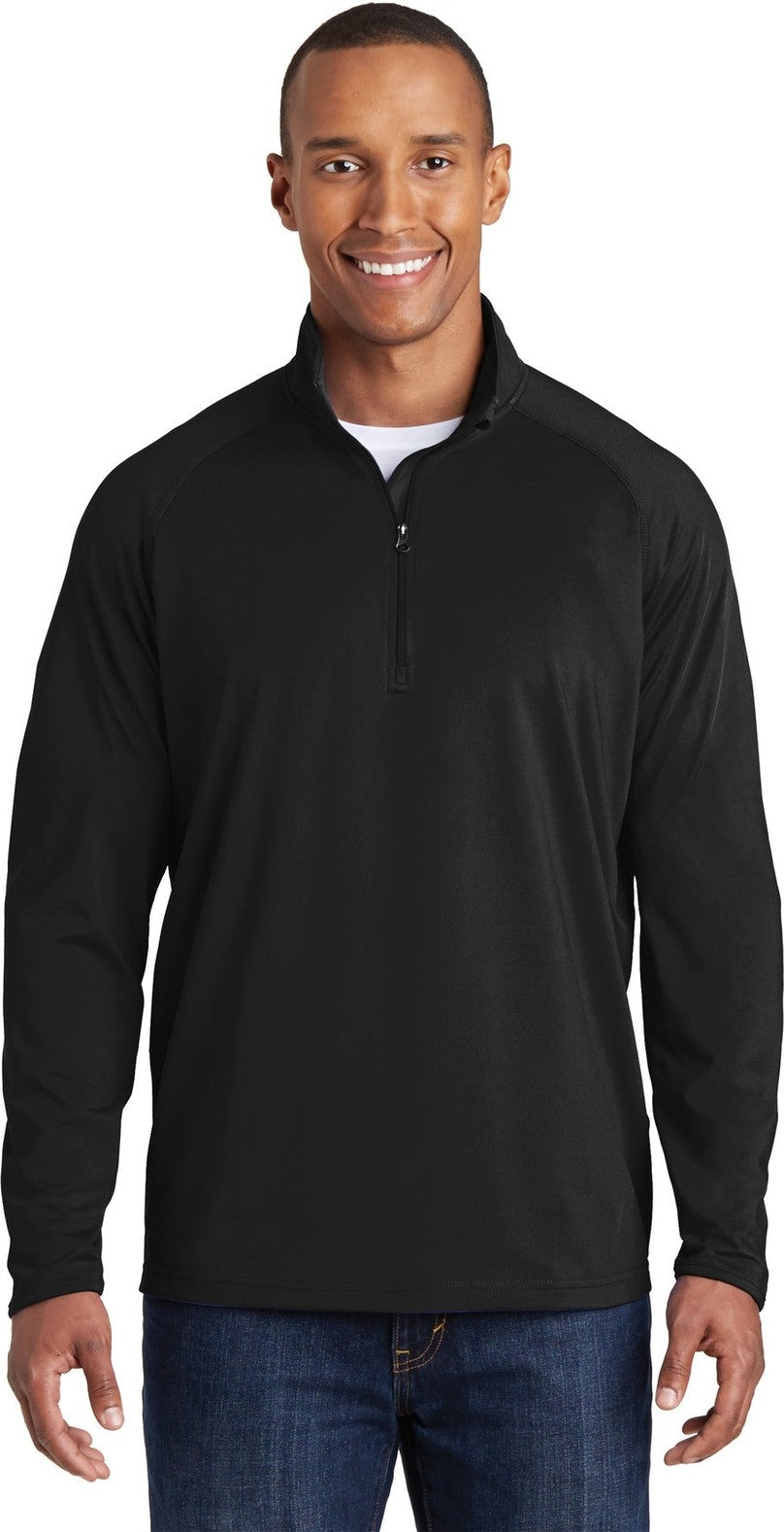 Front View of Black Sport-Tek Sport-Wick Stretch 1/4-Zip Pullover. ST850