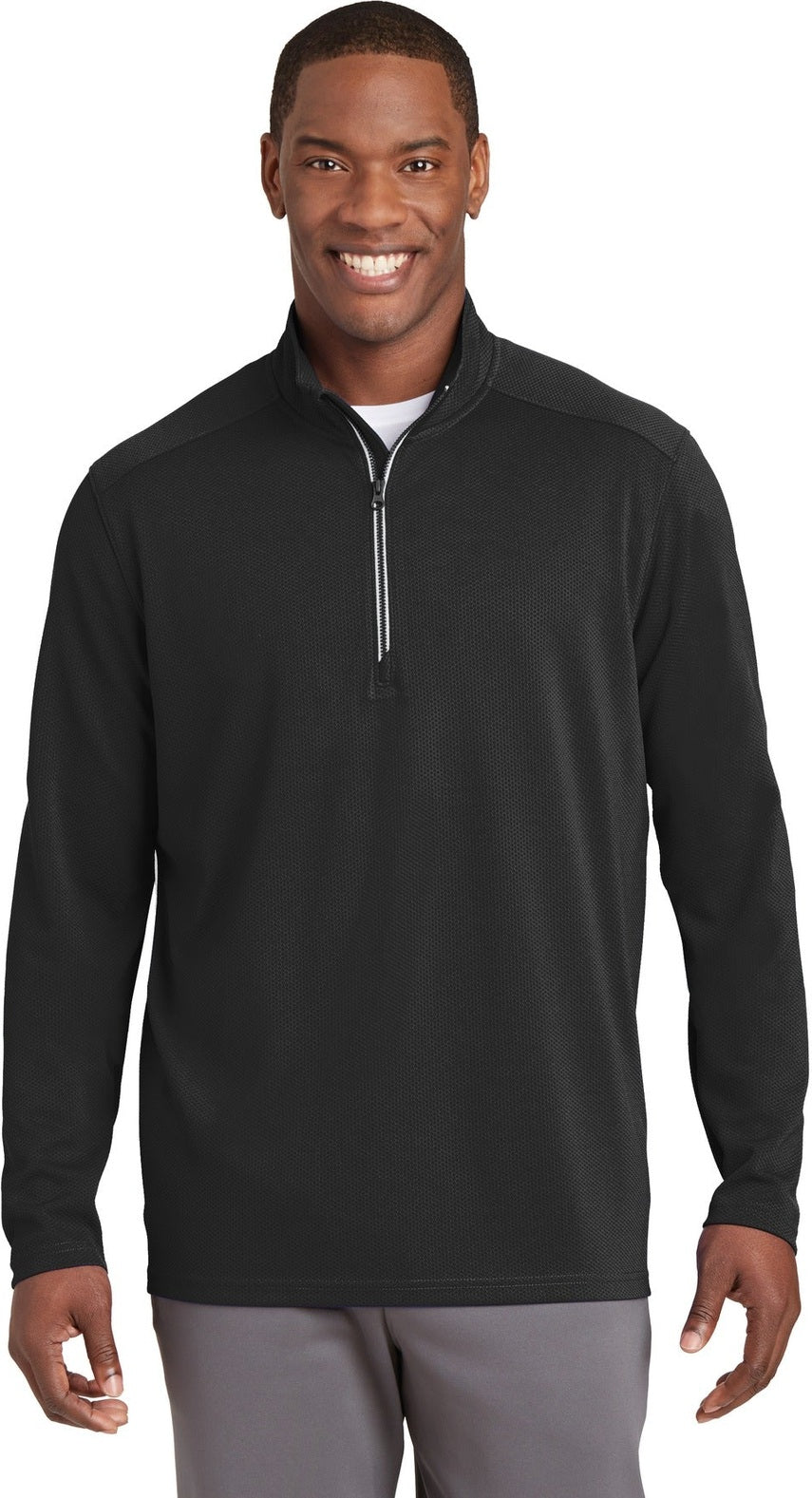 Front View of Black Sport-Tek Sport-Wick Textured 1/4-Zip Pullover. ST860