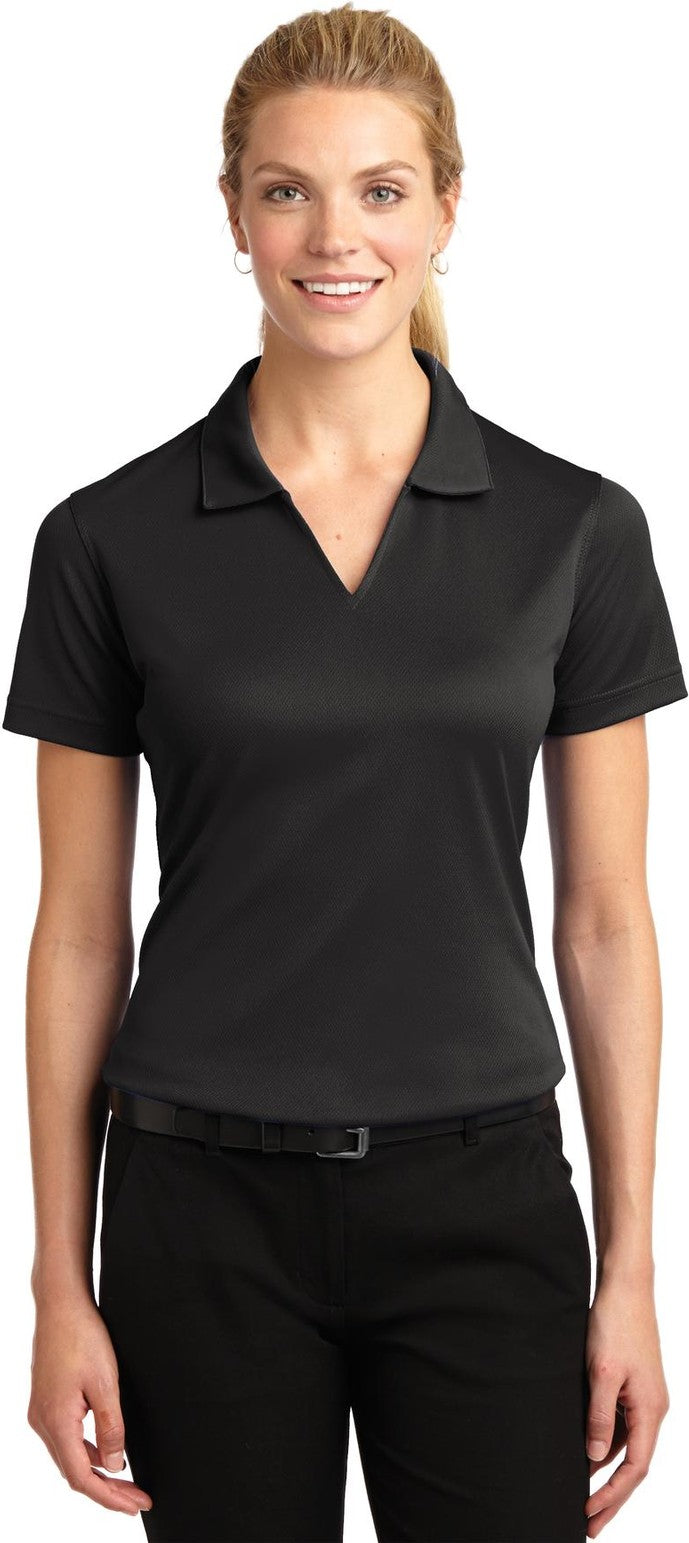 Front View of Black Sport-Tek Women's Dri-Mesh V-Neck Polo. L469
