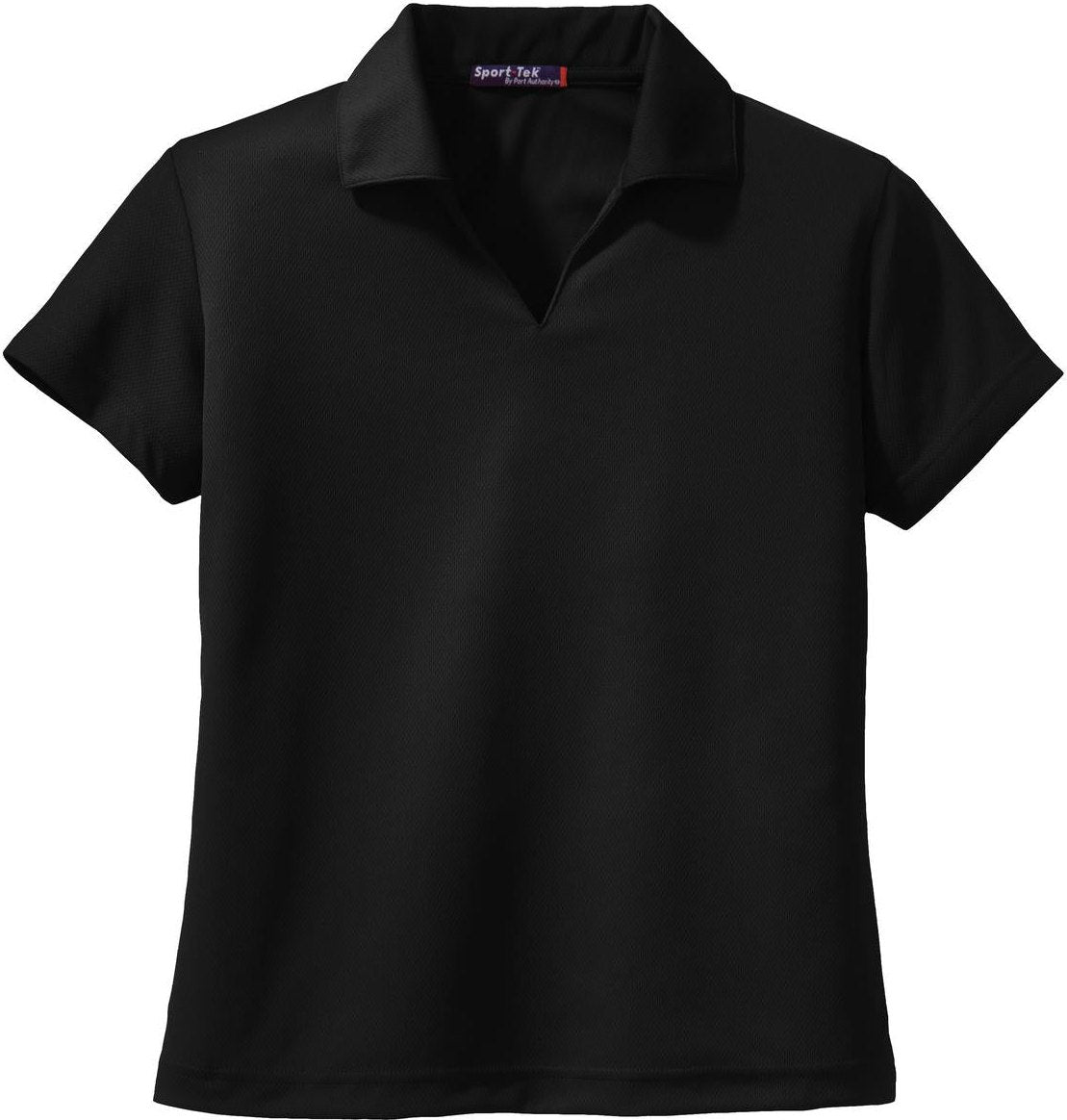 Front View of Black Sport-Tek Women's Dri-Mesh V-Neck Polo. L469