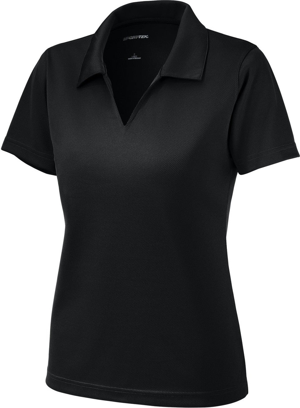 Front View of Black Sport-Tek Women's Dri-Mesh V-Neck Polo. L469