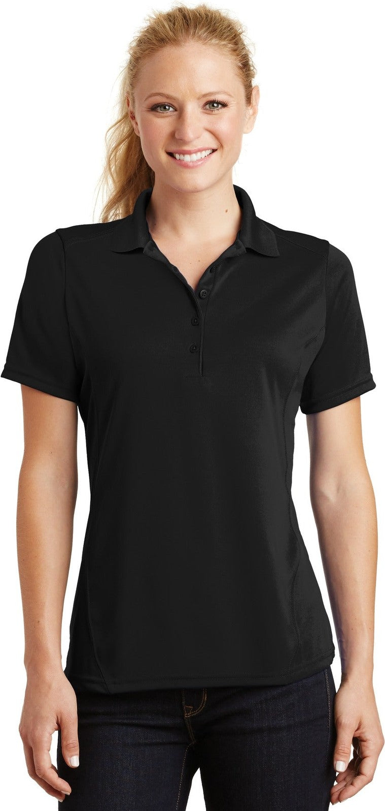 Front View of Black Sport-Tek Women's Dry Zone Raglan Accent Polo. L475