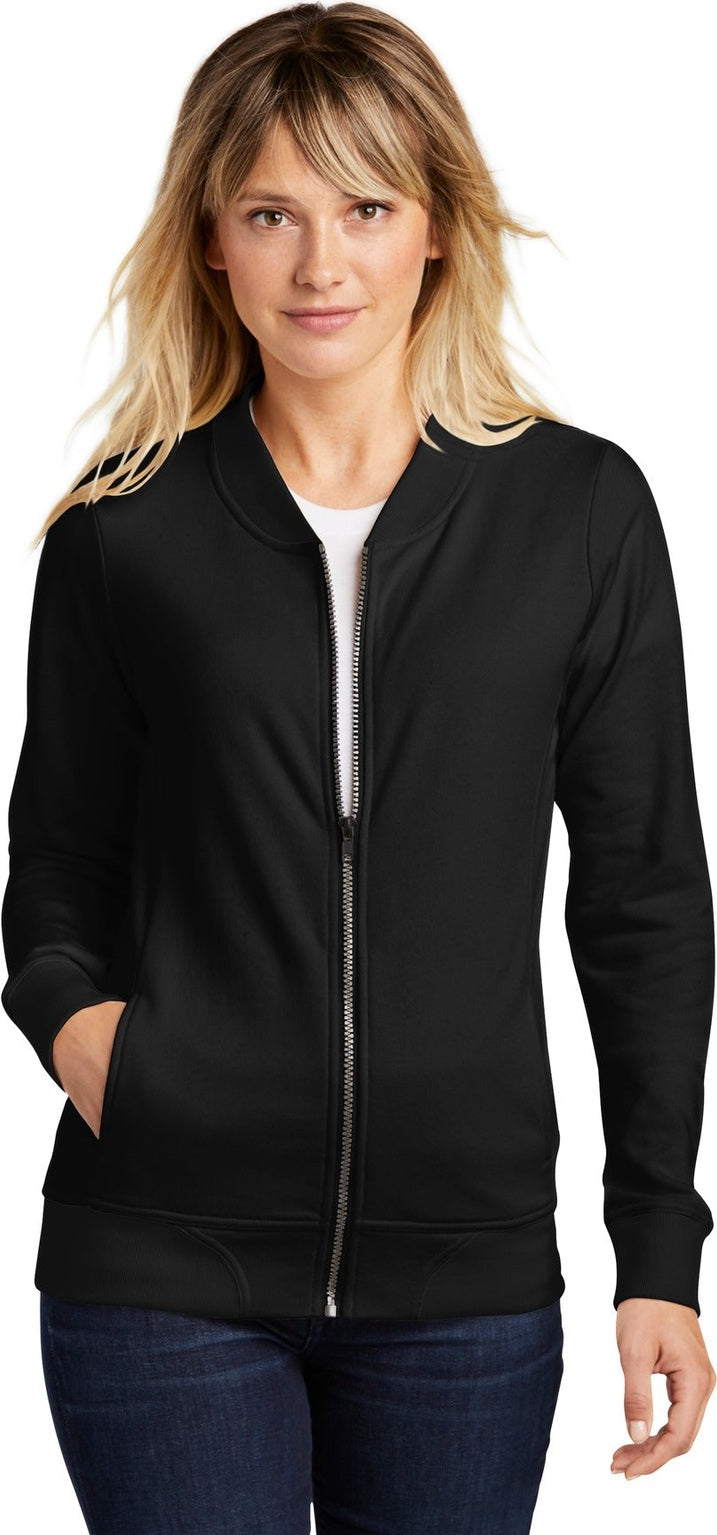 Front View of Black Sport-Tek Women's Lightweight French Terry Bomber LST274