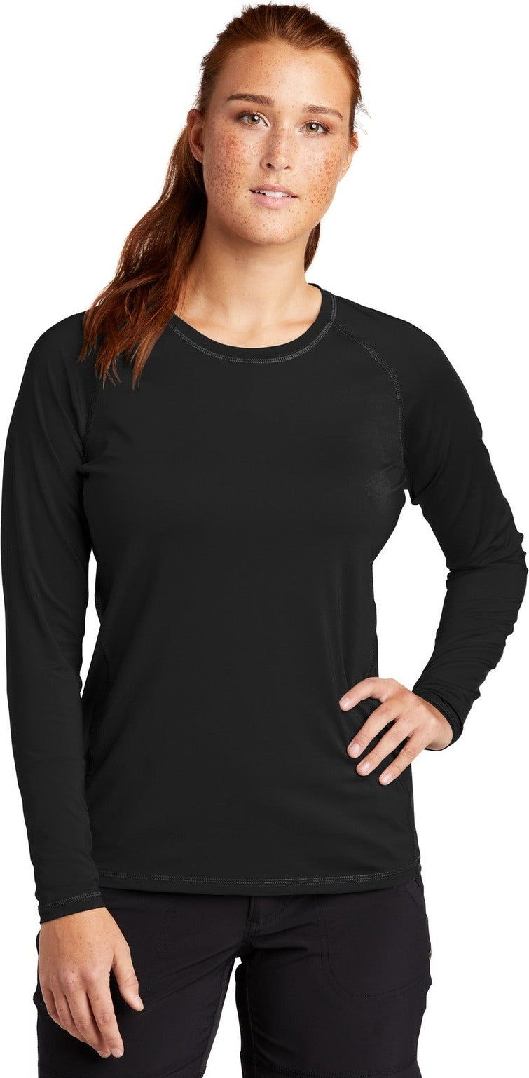 Front View of Black Sport-Tek Women's Long Sleeve Rashguard Tee. LST470LS