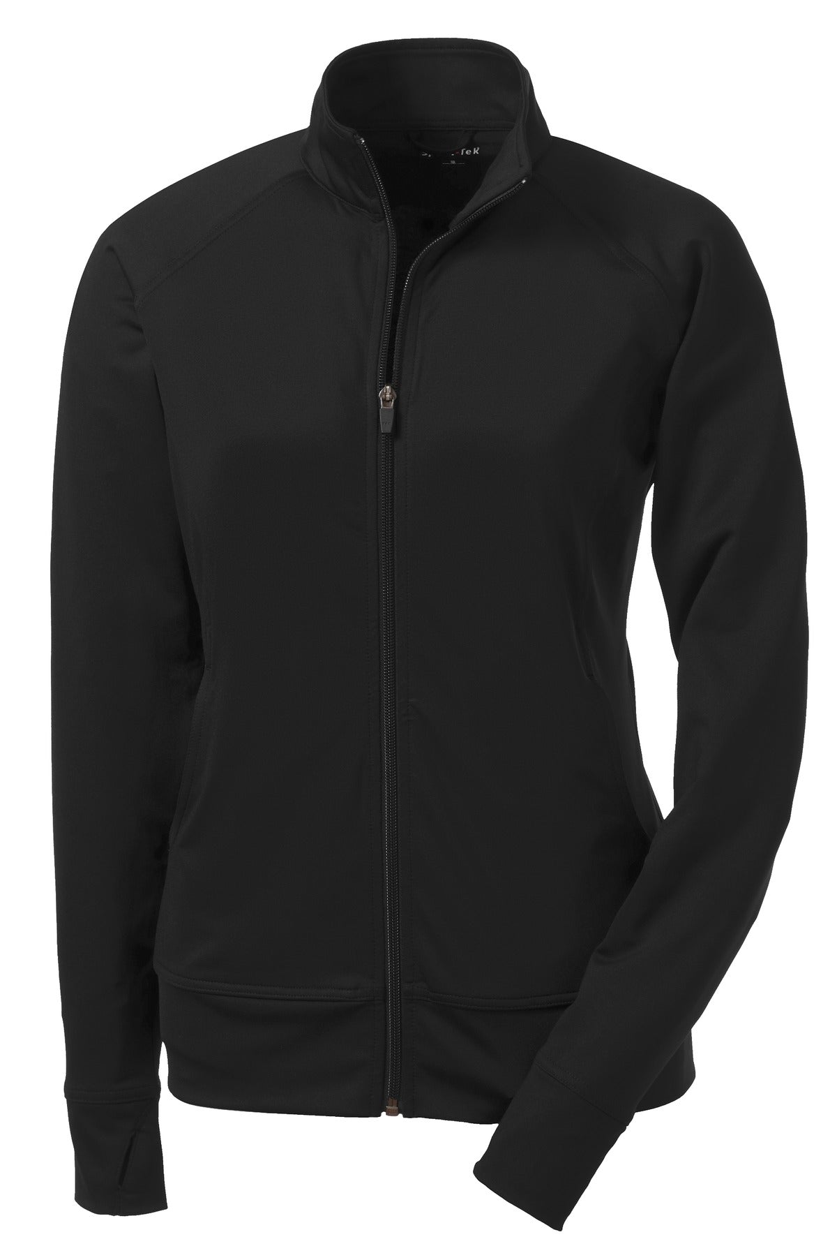 Front View of Black Sport-Tek Women's NRG Fitness Jacket. LST885