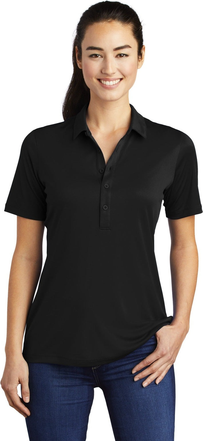 Front View of Black Sport-Tek Women's Posi-UV Pro Polo. LST520